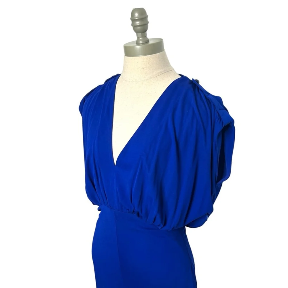 Alexander McQueen Royal Blue Plunge V-Neck Midi Shirred Cocktail Dress Medium